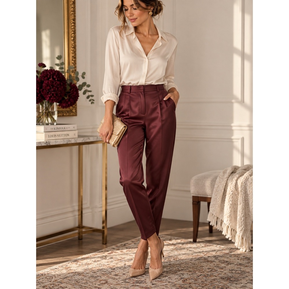 A New Day Burgundy Satin Pants Size 6 High Rise Pleated Tapered Trouser NWT